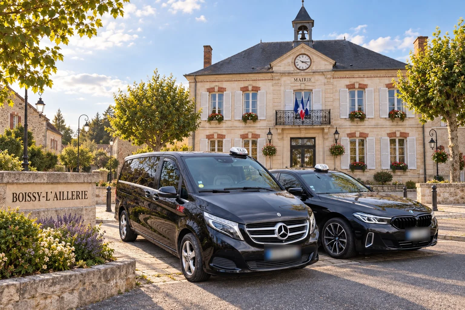 Un van Mercedes et une berline BMW taxis devant la mairie de Boissy-l’Aillerie.