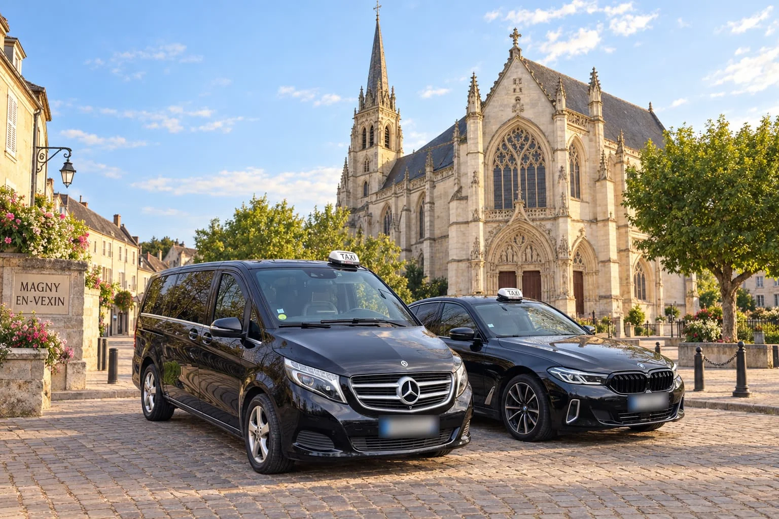 Un van Mercedes et une berline BMW taxis devant une église à Magny-en-Vexin.