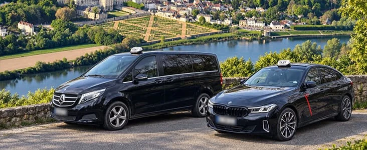 Un van Mercedes et une berline BMW taxis devant un panorama sur une rivière.